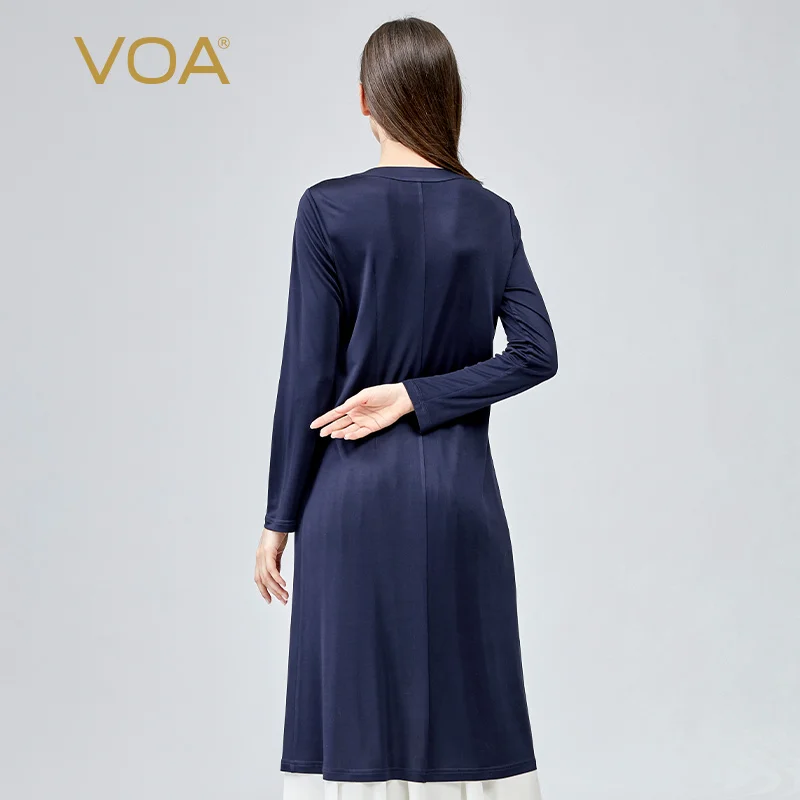 Silk 33m/m High Strecth Knitting Navy Casual V-Neck Spring Woman Dress Autumn Office Ladies Simple Shirt Dresses BE926