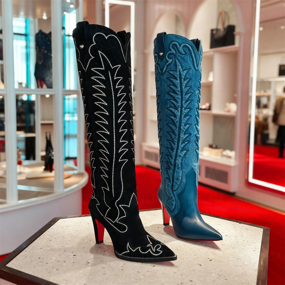 

Suede Strass Knee-High Western Boots Vintage Style Stitch Knee Boots Suede with Rhinestone Pointed Toe Thick Stiletto Heel Boots