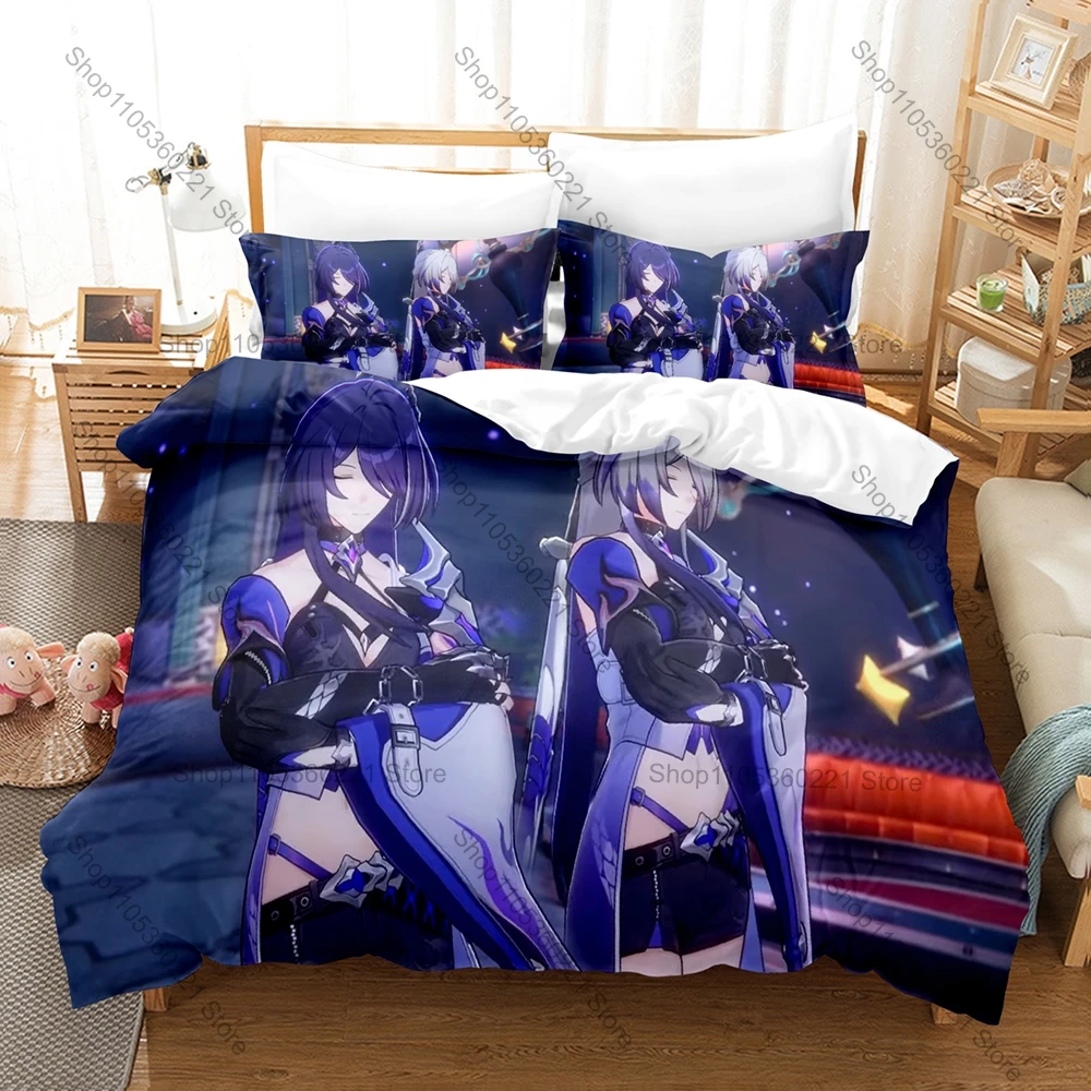 Acheron Honkai Star Rail Purple Lightning Galaxy Ranger Sword Battle Anime 3D Bedding Set Includes Duvet Cover + 2 Pillowcases