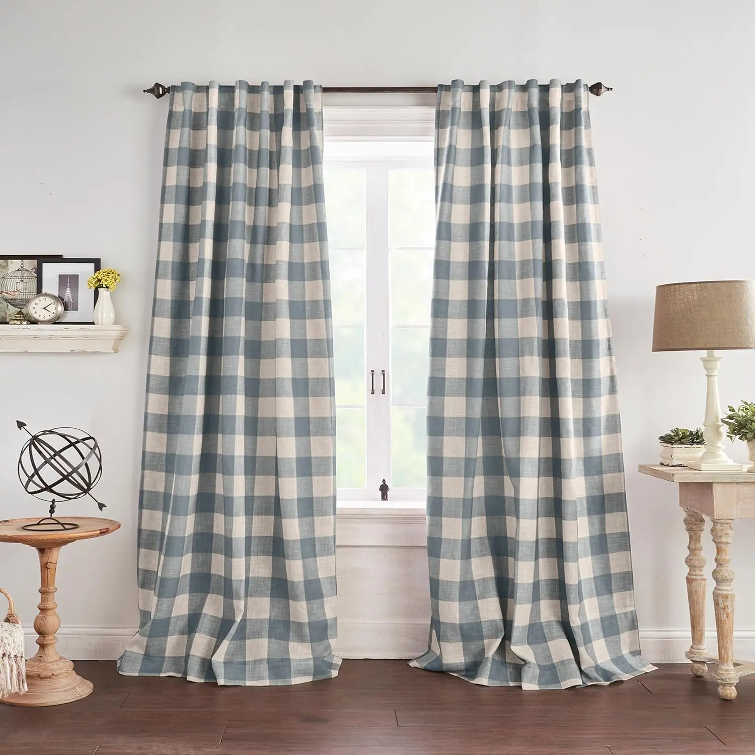 Farmhouse Blackout Window Curtain, Buffalo Check Pattern, Rod Pocket Tabs for Living Room and Bedroom, 52" x 84", Chambray