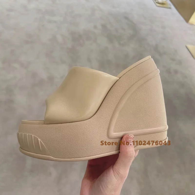 Thick Sole High Heel Women's Slippers White Round Toe Wedge Heel Holiday Beach Shoes Summer New Shallow Outside Slippers