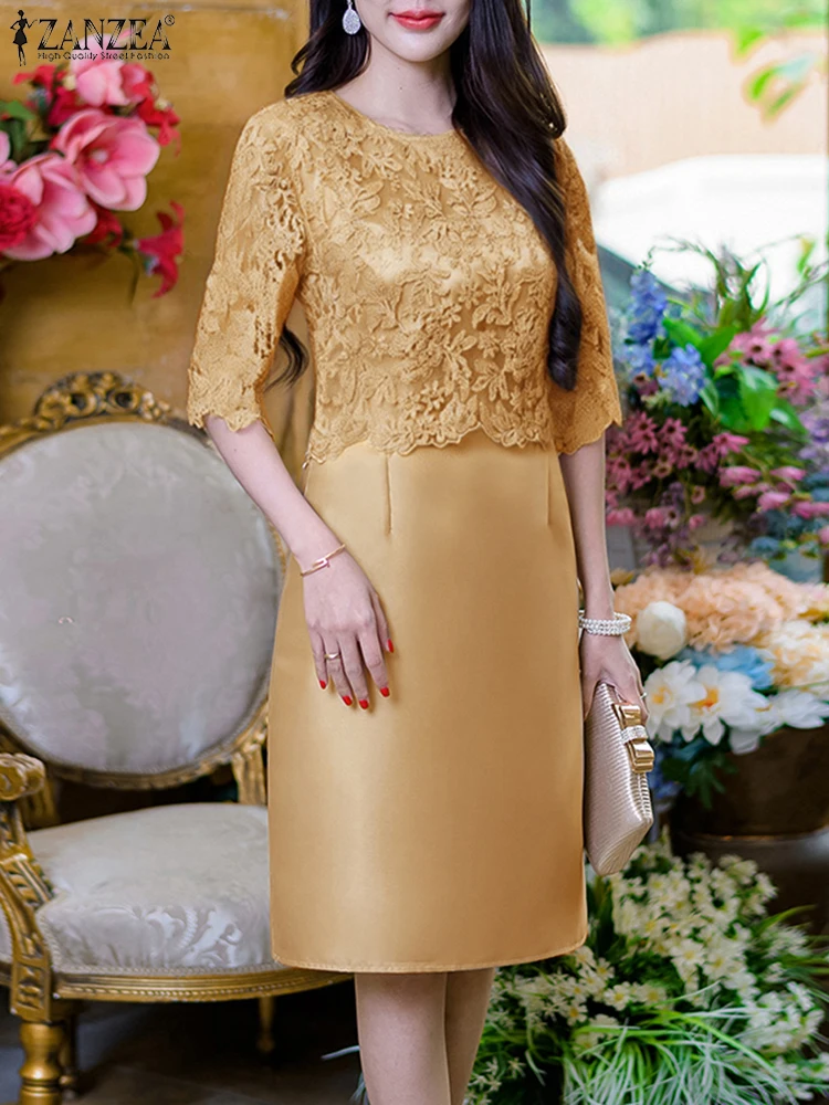 

ZANZEA Elegant Women Dresses Fashion Lace Patchwork Satin Knee-Length Robes Femme O-Neck Half Sleeve Fitted Waist Vestidos