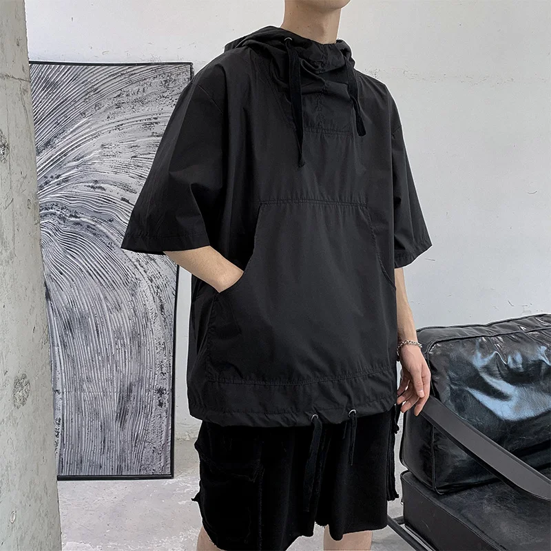 

Мужская повседневная однотонная футболка с коротким рукавом в стиле ретро, летняя модная свободная толстовка с капюшоном, молодежная базовая модель от известного бренда