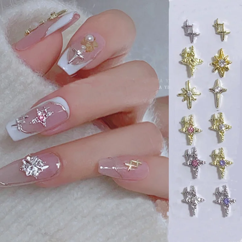 10 Stks/partij Luxe Designer Cross Nail Charms Edelstenen Legering Sterren Nagel Figuren Japanse/Koreaanse Zilveren Metalen Onderdelen Benodigdheden Voor Nagels