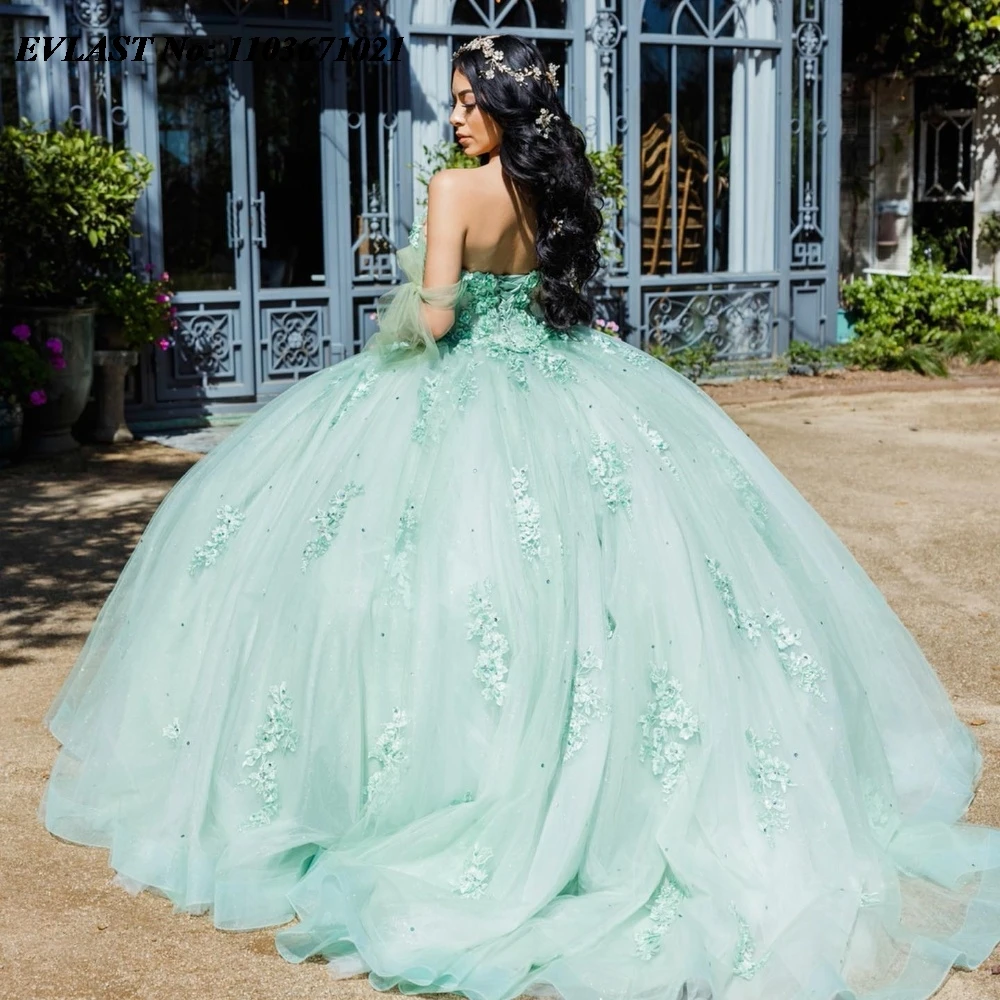 EVLAST-Robe de Rhmexicaine Sage Quinnceanera, appliques en dentelle brillante, bretelles perlées, corset, Sweet 16, 15 Anos, SQ468