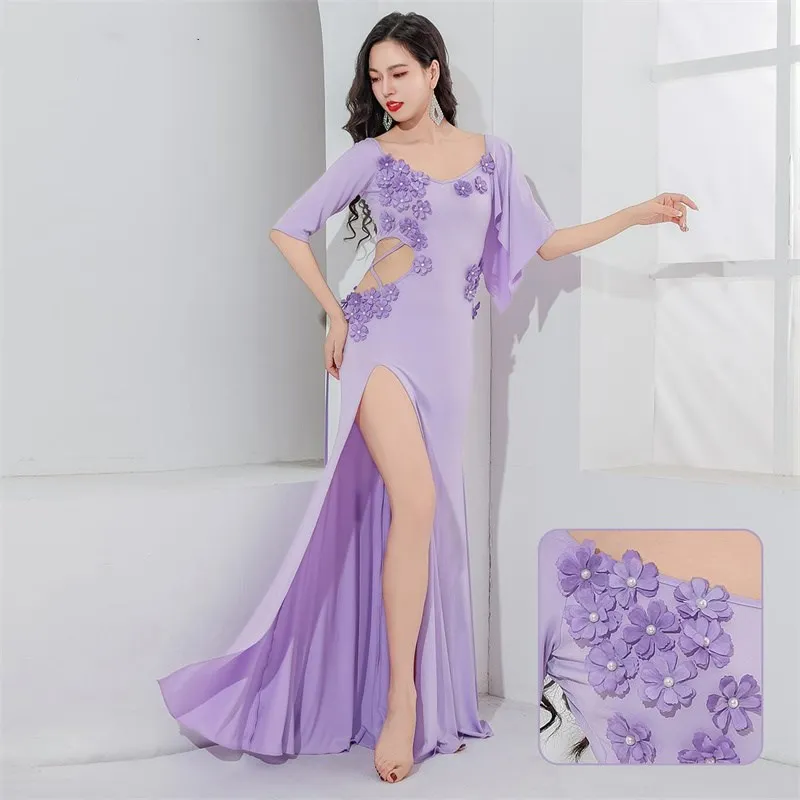 Women Bellydance Costume One Piece Long Dress With Shorts Sexy Side Split Long Costume 3D Floral Pearl Decorated Dancer Stage