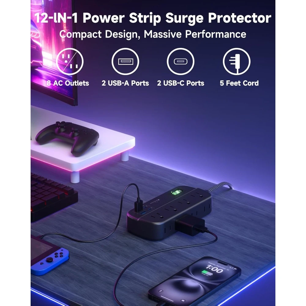 ‌2100J Surge Protector, 8 AC, 4 USB Fast Charge (17W), 5 Ft Cord, Office/Gaming Desk Accessory