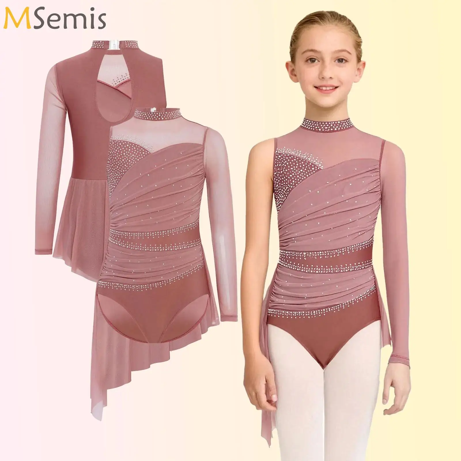 

Kids Girls Ballet Dress Lyrical Dance Figure Skating Rhinestones Ruched Mesh Overlay Asymmetrical Performance Skirted Leotard