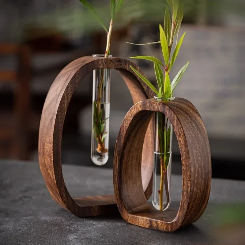 New Walnut Wood Vases Hydroponic Plant Container Glass Test Tube Pot Indoor Living Room Tabletop Mini Ornament Dec