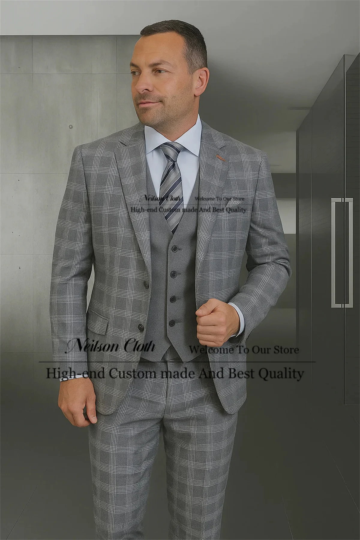

Fashion Dark Grey Male Prom Blazers 3 Pieces Sets Notched Lapel Groom Wedding Tuxedos Plaid Customized Slim Fit Costume Homme