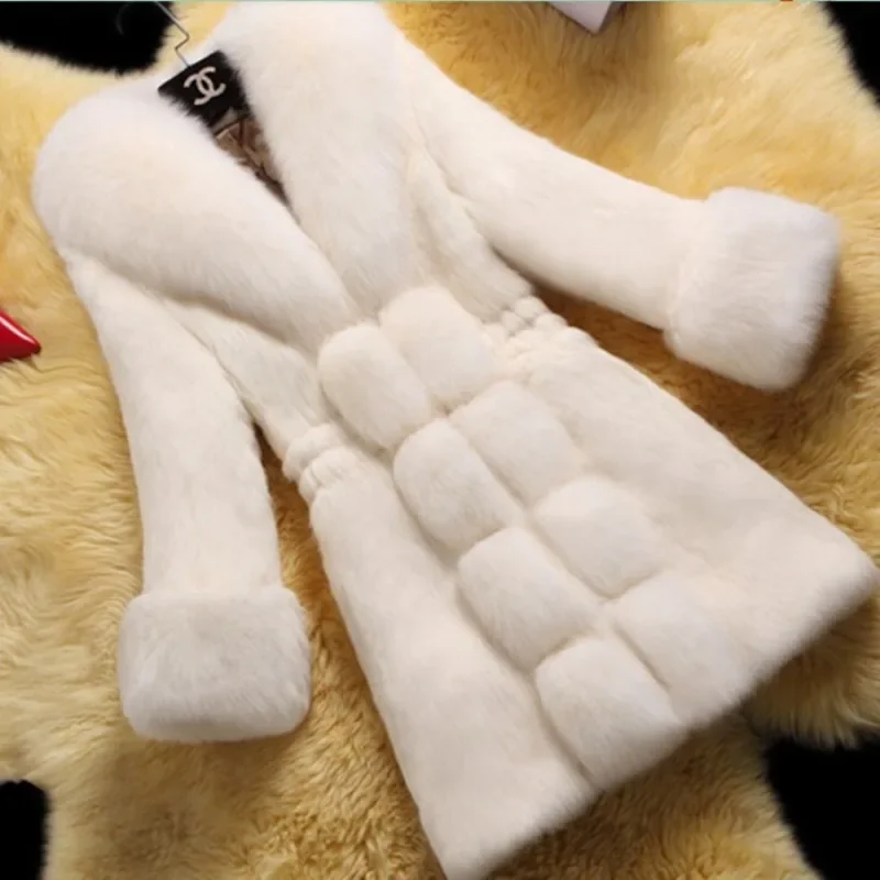 2025 New Female Mid-Long Styles Overcoat Faux Fur Slim Fox Fur Collar Imitation Mink Fur Coat Thicken Elegant Women Clothing