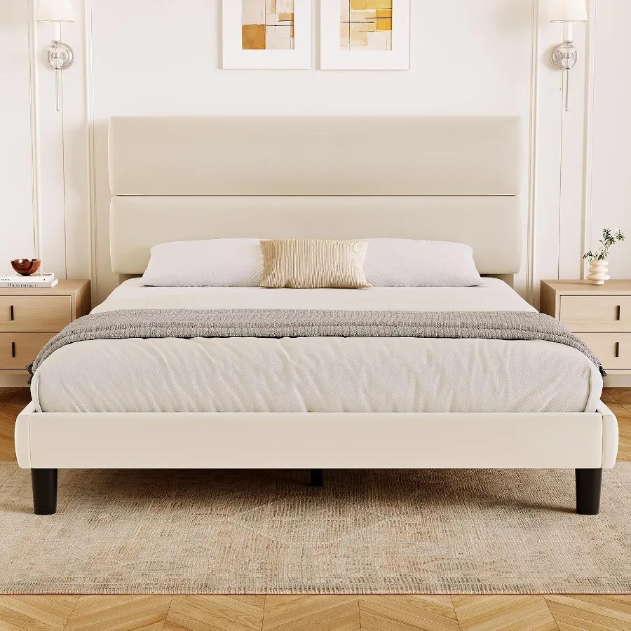 Size Platform Bed Frame with Velvet Headboard, Adjustable Height Wooden Slats Support, Upholstered Mattress Foundation, Fits Ma