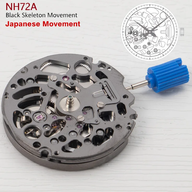 Genuine NH72 Black Skeleton Mechanical Movement Mod Automatic Mechanism Replacement NH72A High Accuracy 24 Jewels