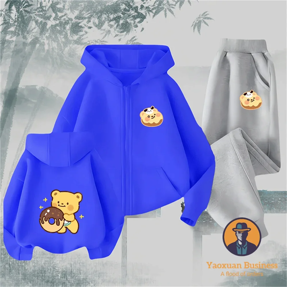 

New Arrival Autumn Winter Sports Pure Cotton Zipper Suit Butter Bear Trendy Graphic Print Set
