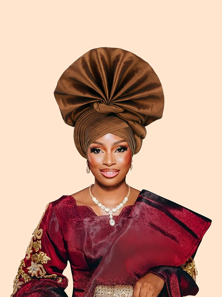 Hot African Female Turban Cap women\'s Autogele Headtie Nigeria Raw Silk Fan Gele Wedding Party Head Wraps Headwear Turbante