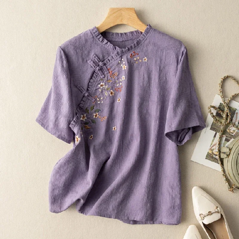 

Jacquard Cotton Linen Shirt Women's Summer New Fashion Ethnic Wind Elegant Literary Retro Casual Embroidery Ruffle Collar Blouse