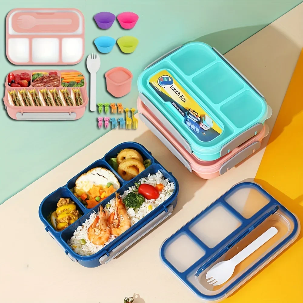 

Four Plastic Lunch Box 1.3L Convenient Lunch Box Sealed Bento Box with Spoon Gift for Students And Office Workers