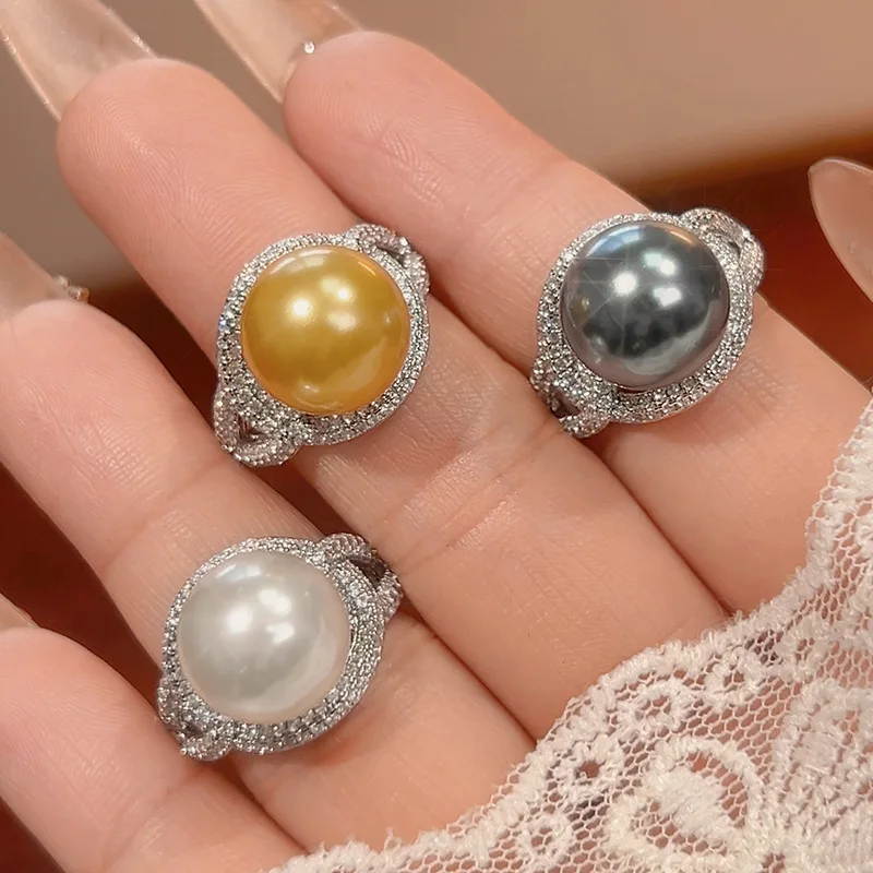

Trendy Adjustable 12mm Round Cut Multicolor Pearl Ring Twisted CZ Embellished Design Women's Elegant Statement Jewelry Gift