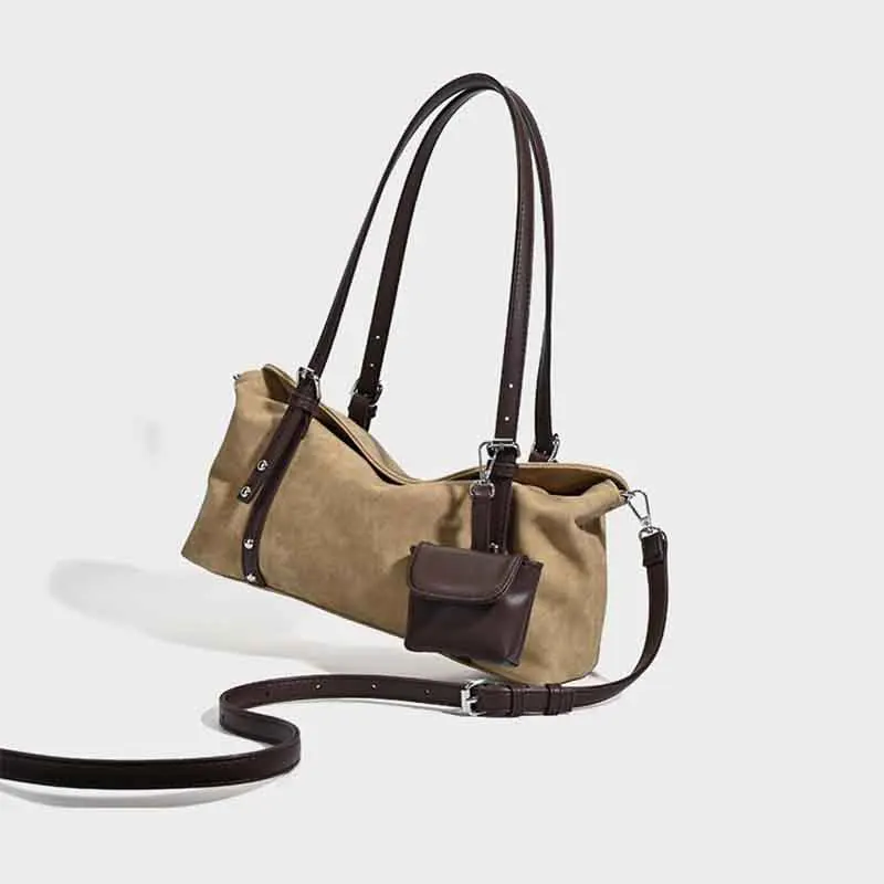 Bolsa de travesseiro de camurça retrô, bolsa de ombro e axilas de grande capacidade para deslocamento de outono e inverno, bolsa crossbody de ombro único