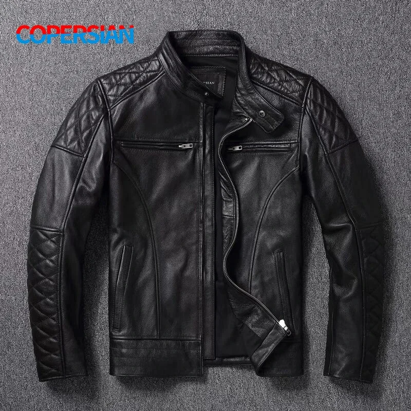 Latest 2024 Top Cowhide Plus Size Men's Leather Jacket Stand Collar Slim Fit Fashionable Motorcycle Clothes