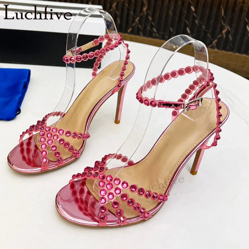 

Luxury Hot Sale Multicolor Crystal Sandals Women Ankle Buckle Brand High Heel Shoes Summer Sexy Ethnic Wedding Party Shoes Mujer