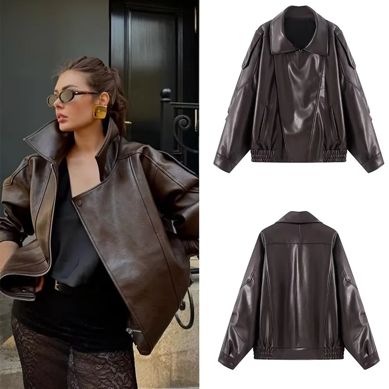 

Женская куртка 2021, осень-зима, однотонная куртка из искусственной кожи с длинным рукавом на молнии, пальто, женская повседневная свободная новая верхняя одежда