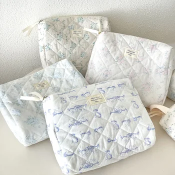 תיק קוסמטיקה נשים עם 3 סוגים של פרחים, תיק איפור נשים נייד, תיק אחסון לנסיעות עם נפח גדול, תיק כותנה מרופד