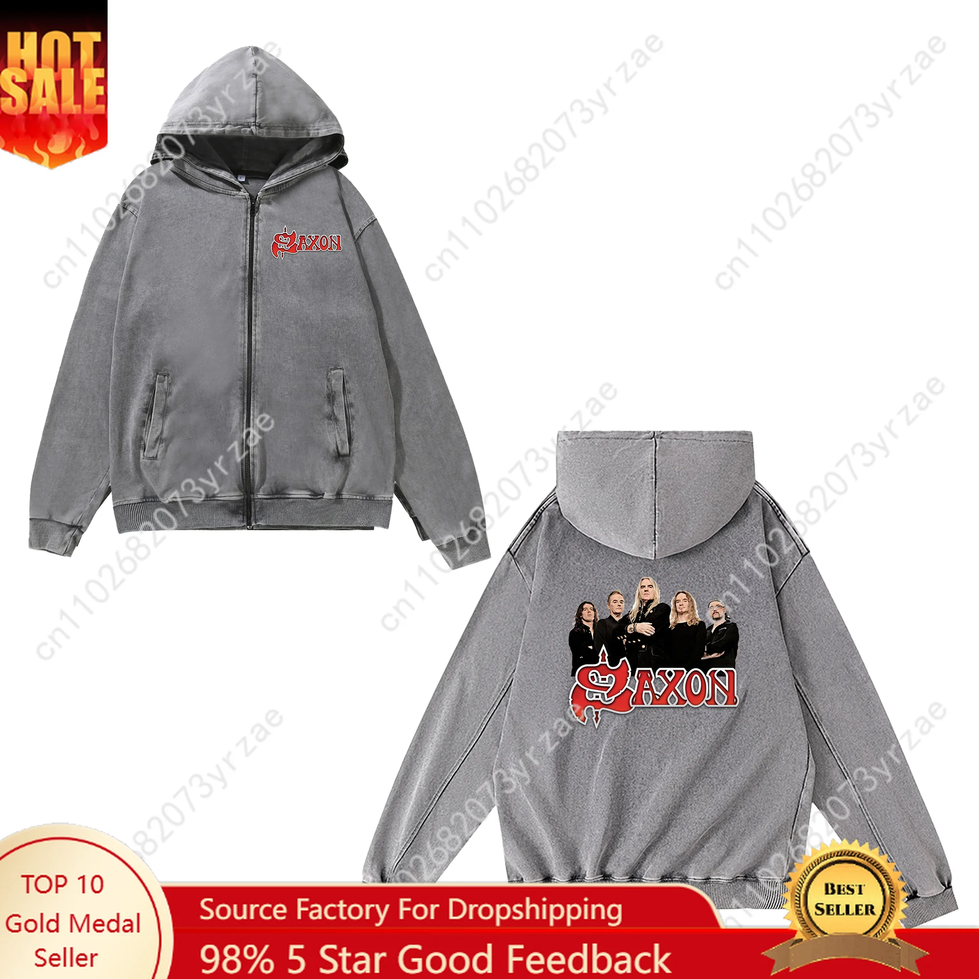 

Saxon Band Zipper Sweatshirt Mans Womans Teenager Retro Hoodies Vintage Pullover Sweat Shirt Pocket Full Zip Custom Made Jacket