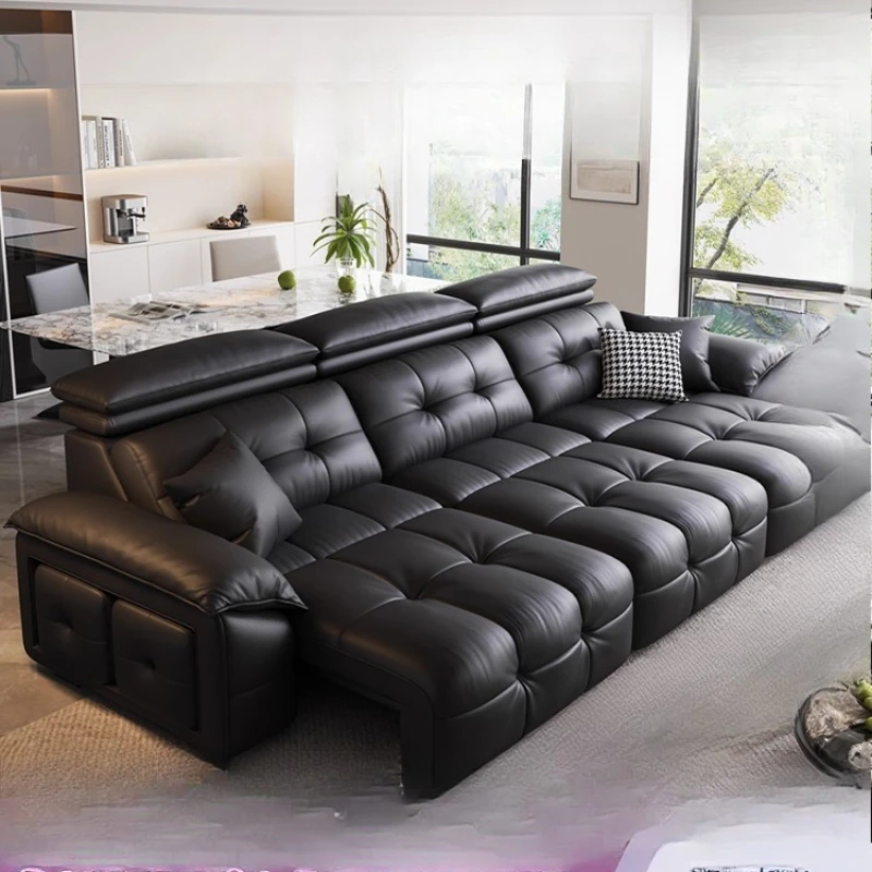 

Leather sofa bed first layer cowhide zero against the wall retro cream living room