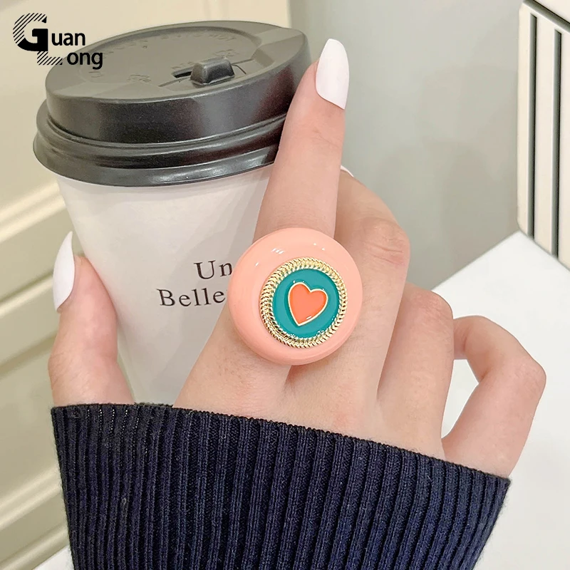 GuanLong New Summer Colourful Resin Acrylic Rings for Women Geometric Round Heart Finger Ring Simple Ins Fashion Jewelry Sets