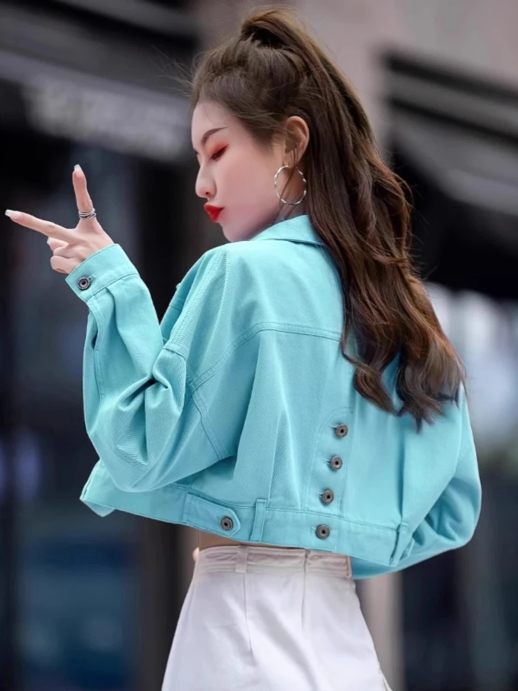 Petite Friendly Chaqueta vaquera recortada para mujer primavera otoño manga larga de gran tamaño elevado azul claro corto Denim Top prendas de vestir exteriores