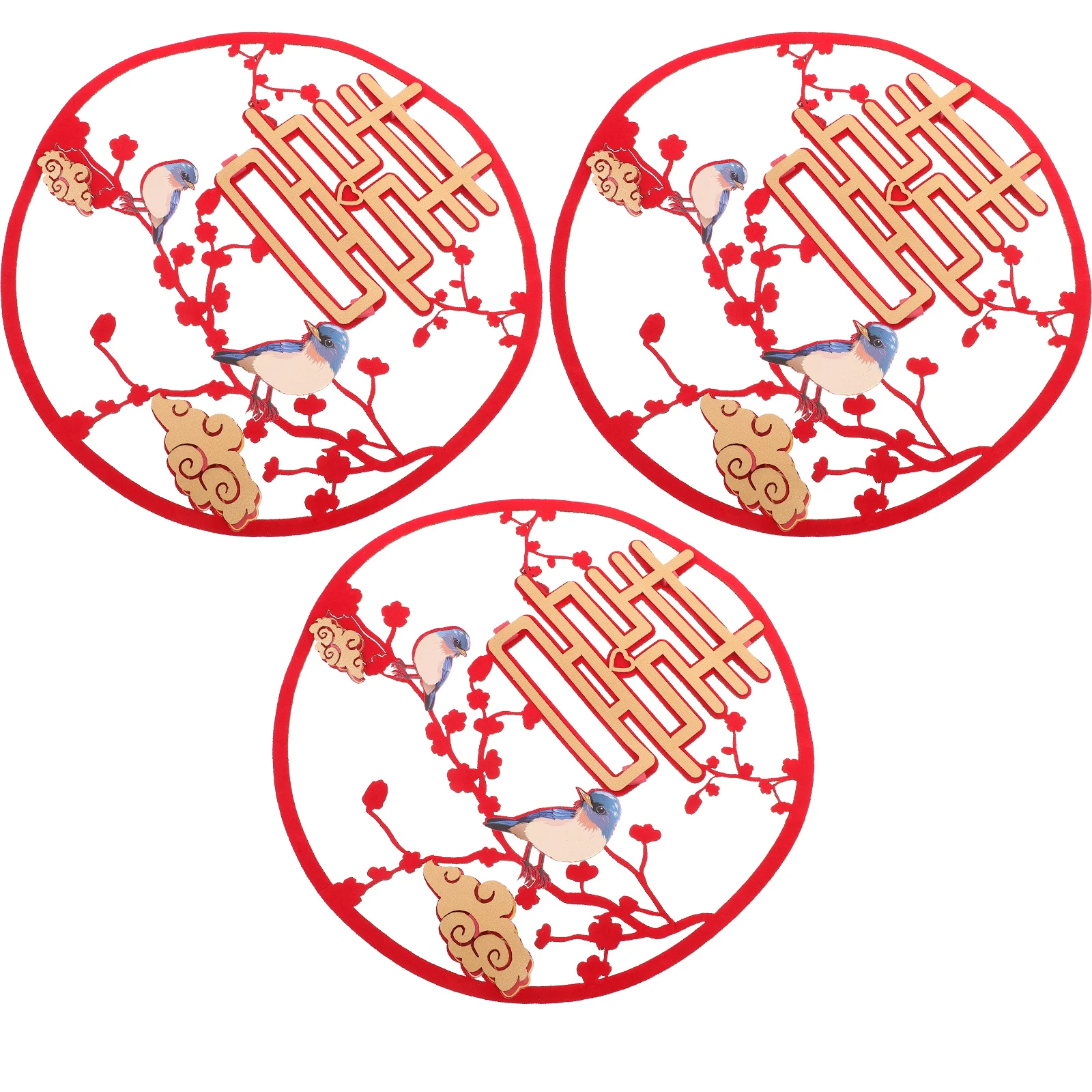 

3pcs Red Flocked Wedding Decor Stickers Happy Word Sign Applique Chinese Theme New House Layout Props Balcony Door Ornament