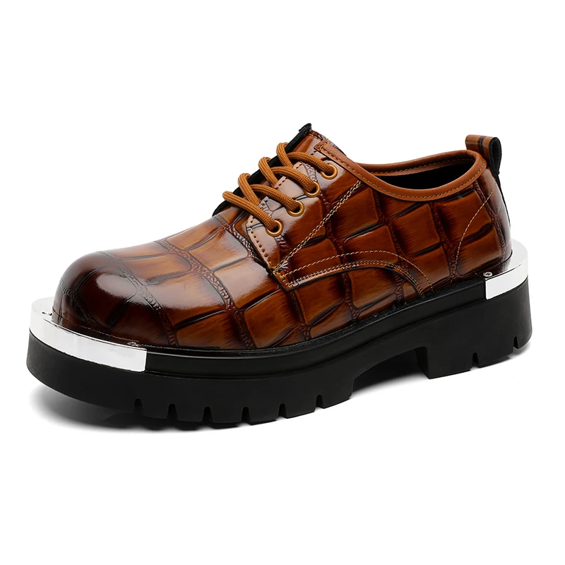 Retro Brown Checkered Derby Shoes Man Platform Leather Casual Shoes For Men Big Size 46 Metal Business Mens Shoes zapatos hombre