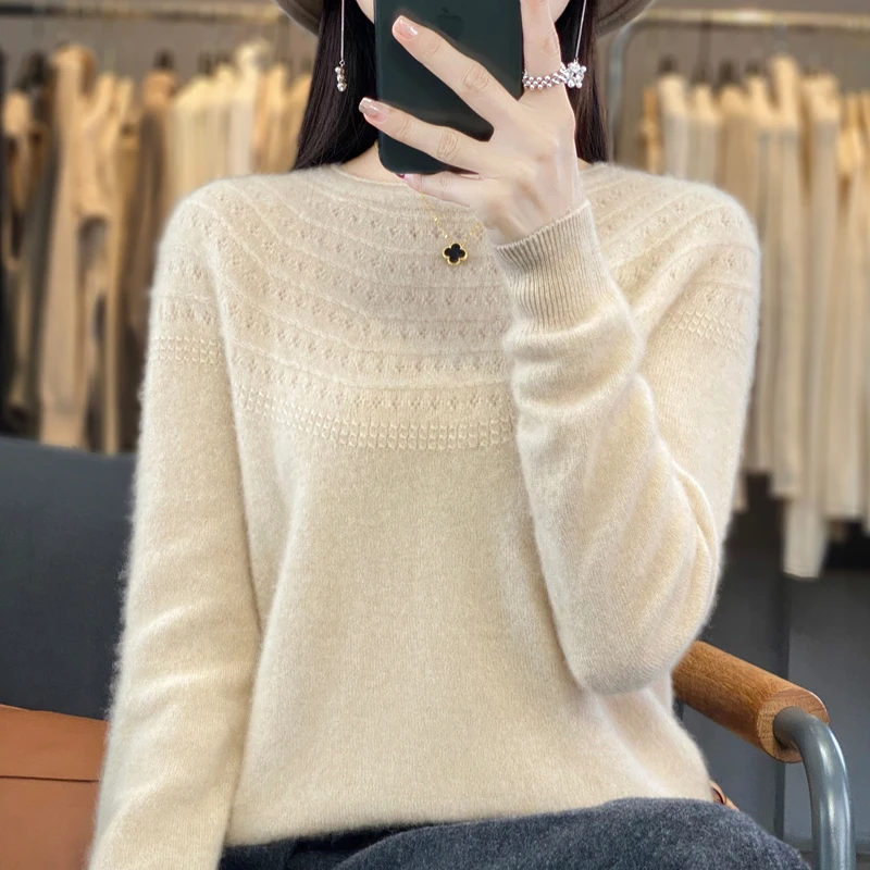 2024 New Women\'s Crewneck Sweater 100% Merino Wool Curling Hollowed-out Long Sleeve Pullover Korean Autumn/Winter Knitwear