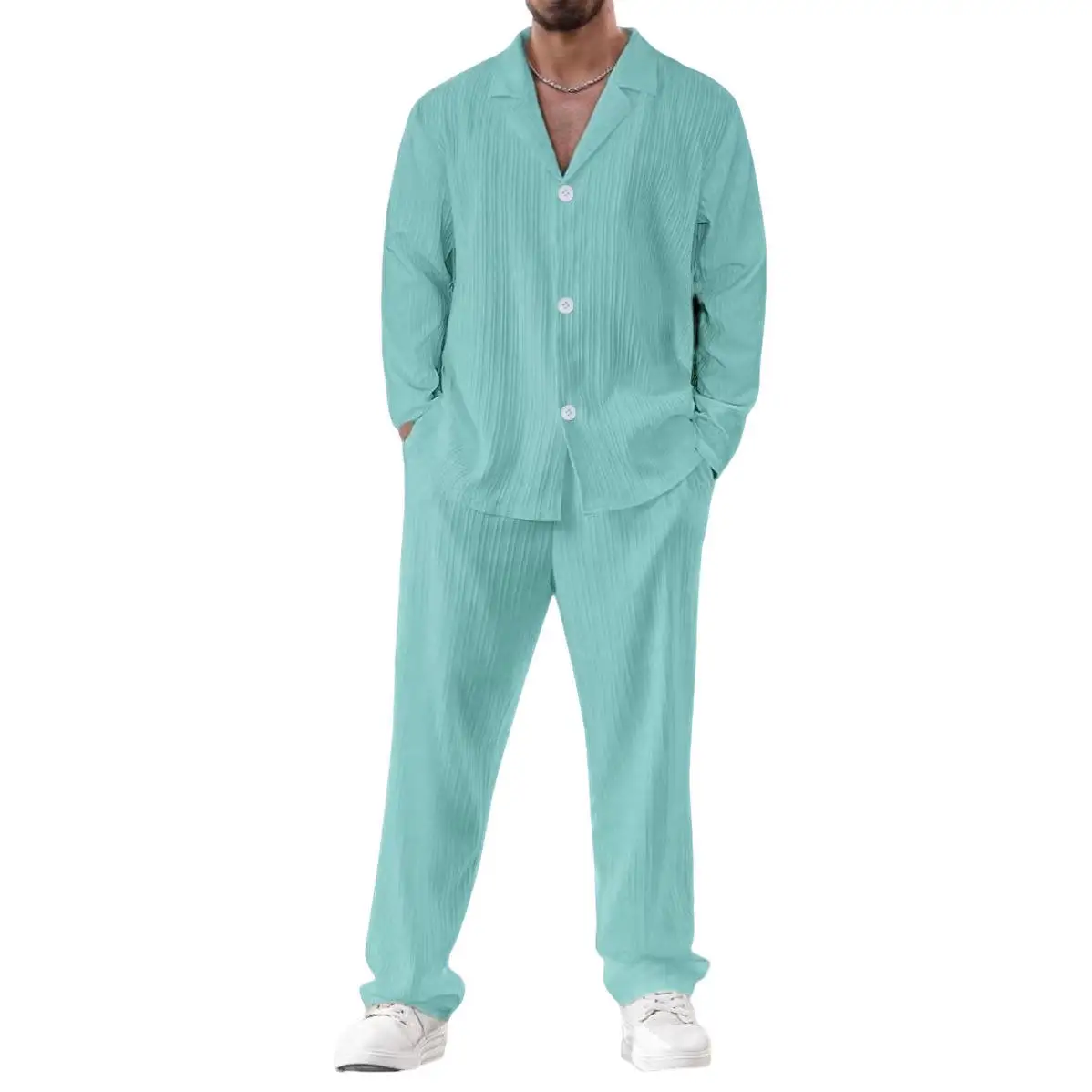 

Новый мужской модный комплект: рубашка с длинным рукавом, повседневные свободные брюки, рубашка с коротким рукавом и отложным воротником, летний комплект для отдыха, однотонные брюки.