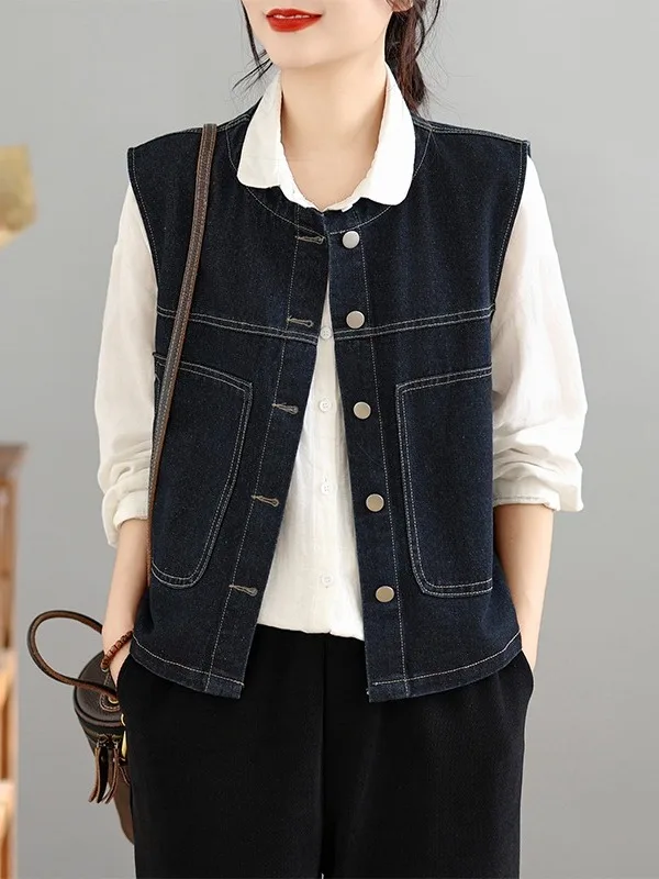 

Ретро-жилет из денима с большими карманами, повседневный, без рукавов, в стиле кардигана, женская одежда больших размеров, прямой крой, подчеркивающий фигуру