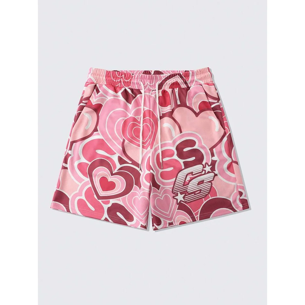Cartoon And Anime-Style Heart-Shaped Printed Drawstring Shorts For Both Men And Women Loose And Quick-Drying Basketball Shorts