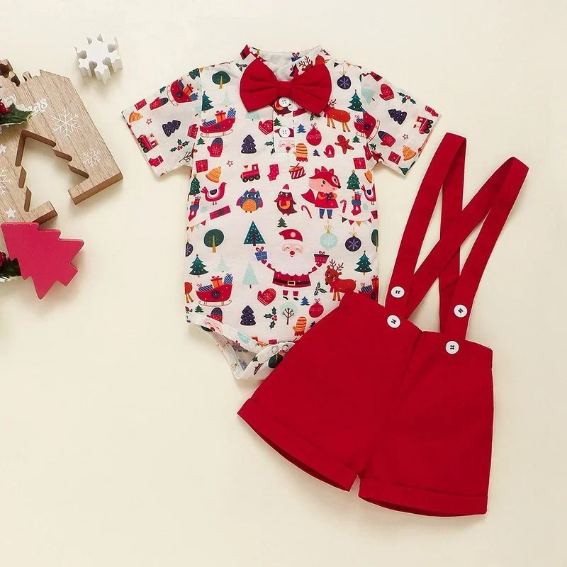 

2Pcs/a Set of Baby Boy Christmas Clothes Cartoon Print Jumpsuit Suspender Trousers Suit