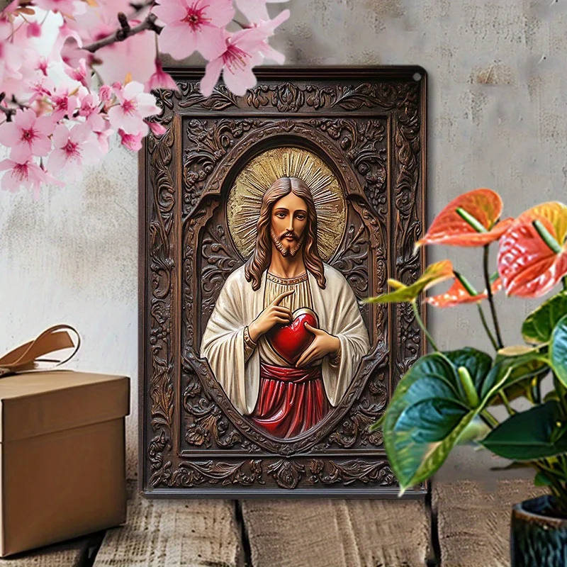 Metal Decoration,Aluminum Wall Art,Metal Tin Sign Icon of The Sacred Heart of Jesus Vintage Metal Tin Sign for Home,Office