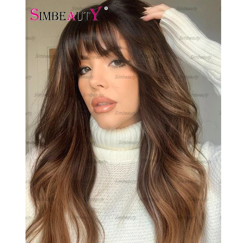 Simbeauty 100% cabelo humano máquina feita perucas de seda parte superior não laço franja destaque ondulado marrom completo máquina perucas para preto