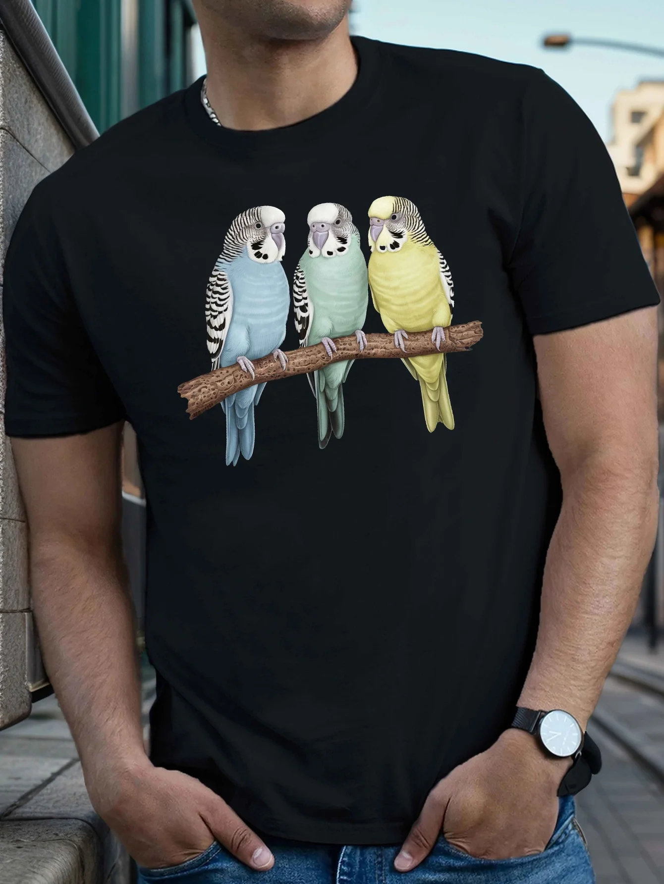Men's Casual Short Sleeve T-Shirt with Unique Budgerigar Print - Breathable, Machine Washable - Perfect for Summer