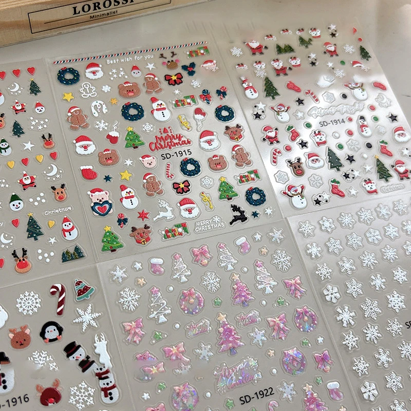 عيد الميلاد ملصقات الأظافر 3D الإغاثة الشتاء ندفة الثلج الدب مسمار ملصق للنساء والفتيات سانتا كلوز مسمار ملصق الفن الديكور #3