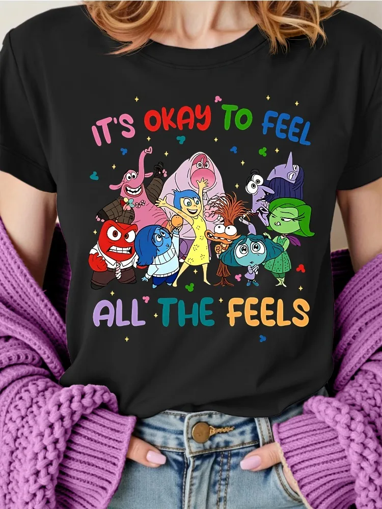 

Disney Women's Inner World Pattern T-Shirt Feel All Emotions Are Okay Casual Short Sleeve Round Neck Everyday Wear Cotton Shirt
