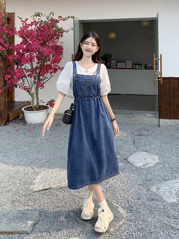 Blue Denim Dresses For Women Spring Summer Suspender Washed Jean Dress Drawstring Adjustable Strap A-Line Long Dress