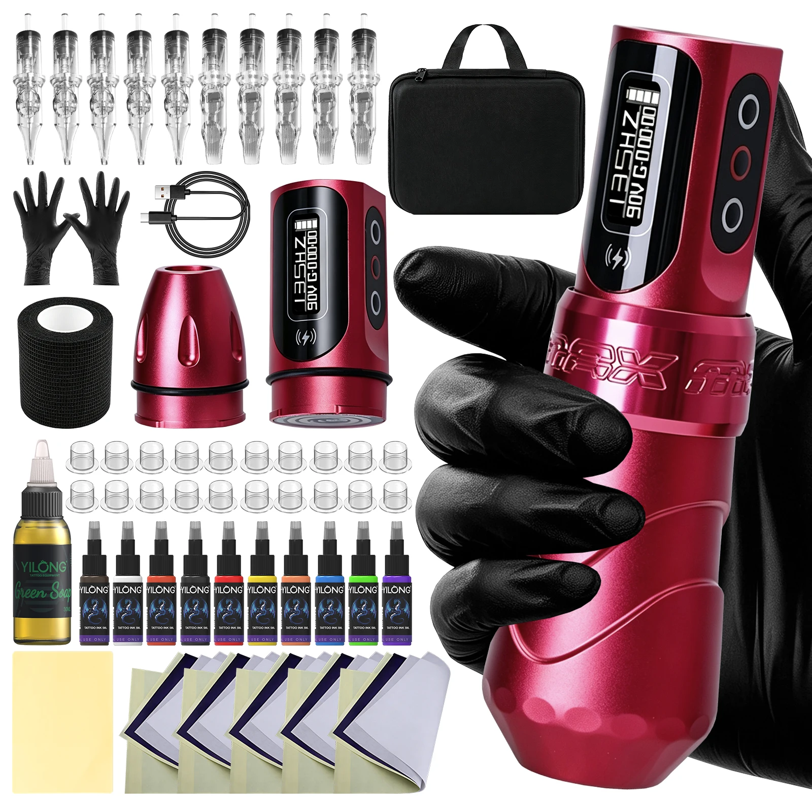 Wireless Max Tattoo Machine Kit Battery Tattoo Pen LED Display Tattoo Cartridge Needles Complete Tattoo Set For Tattoo Artists
