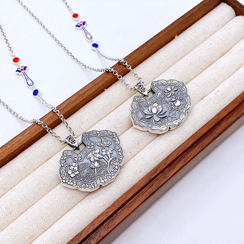 925 Silver Classic Carved Prosperity and Flower Pendant  Double Sided Retro Colored Enamel Ruyi Lock Necklace for Women Jewelry