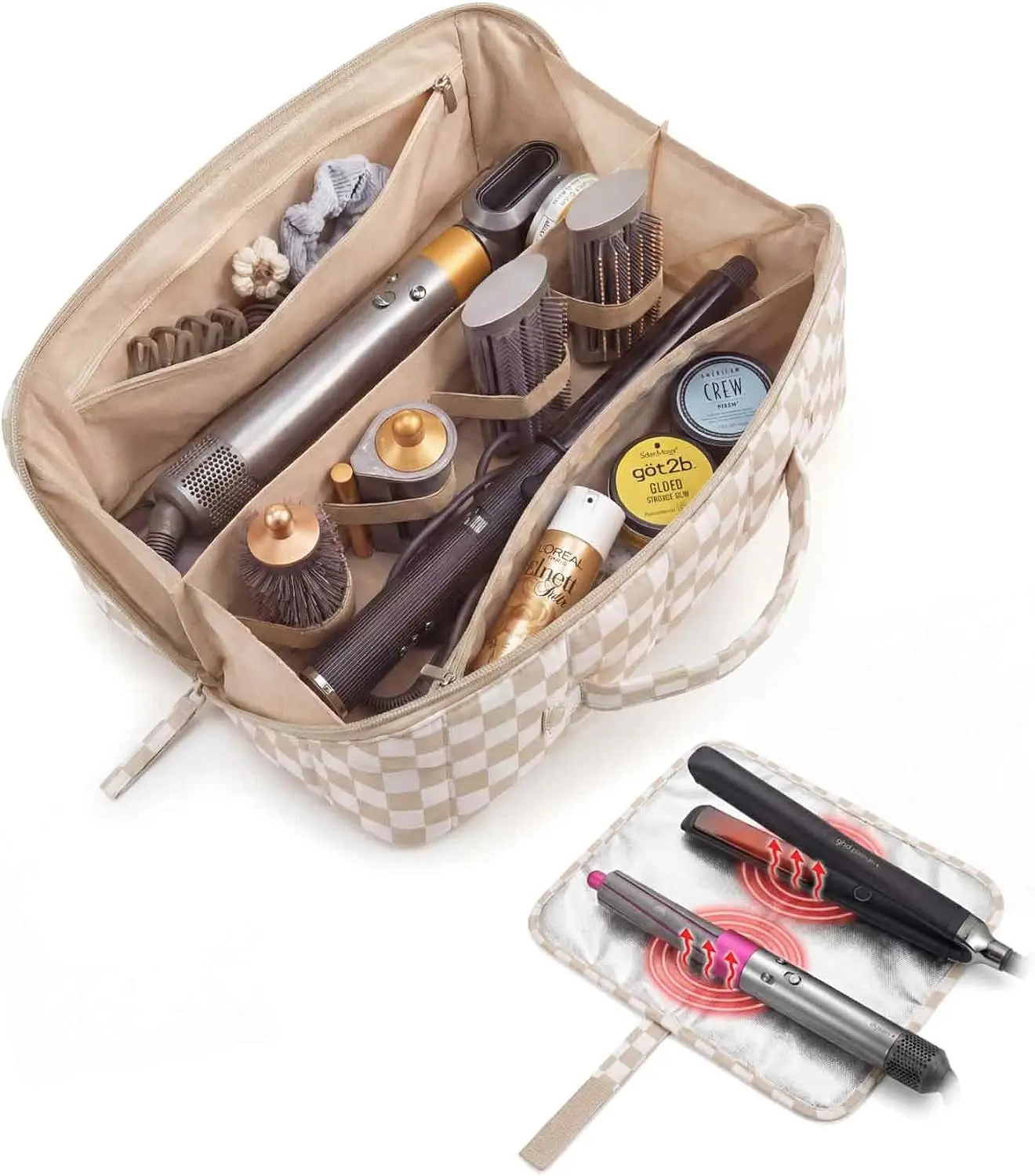 Hair Tool Organizer Travel Storage Bag For Dyson Air Wrap Shark Hair Dryer, Wide-Open Accessories Organizer With Heat Resistant Mat Makeup Bag