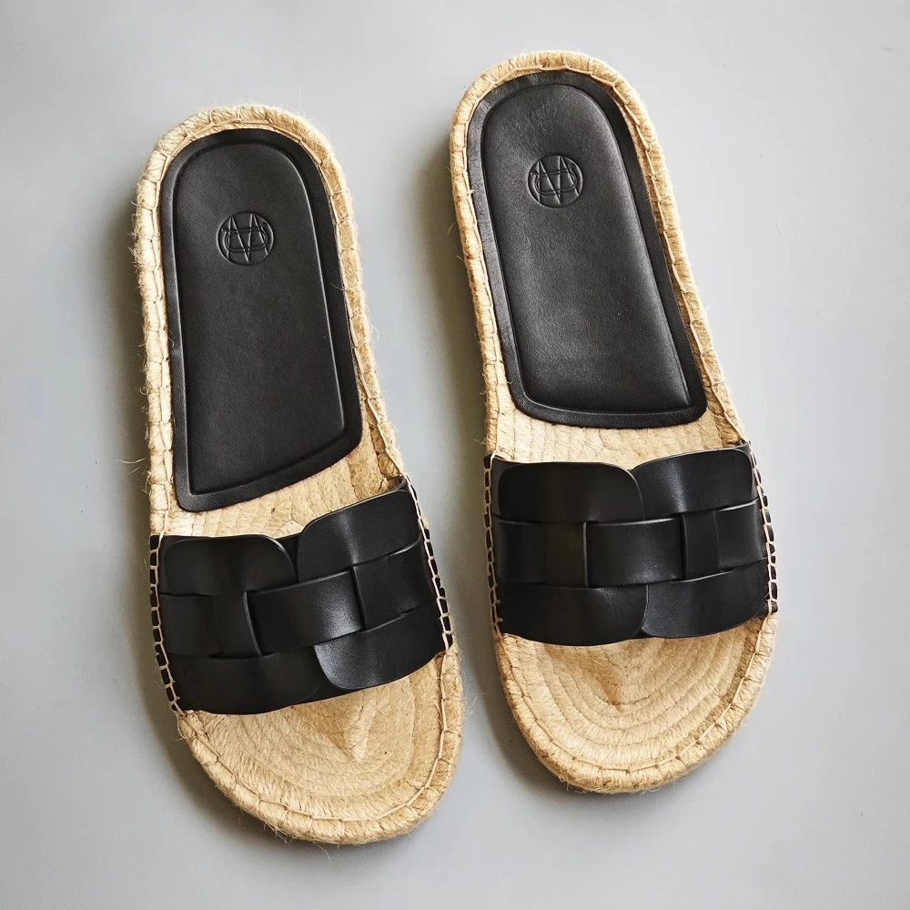 

Mrxmus Dutit 2024 Summer New Black Leather Woven Flat Sandals Minimalist jute sandals Lazy people's slippers