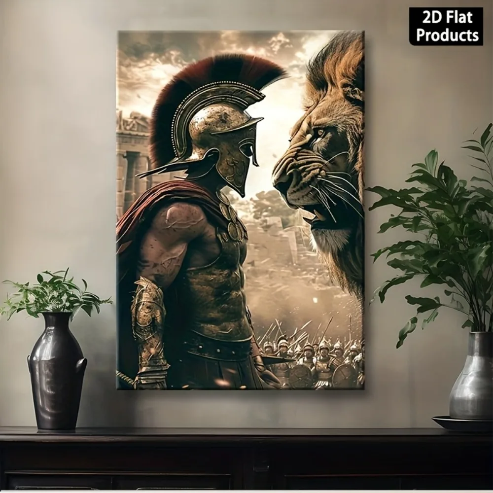 

Spartan Wall Art Framed Canvas Print, Greek Warrior Lion Battle Poster with Helmet & Spear, Ready-to-Hang Ancient Roman Decor fo