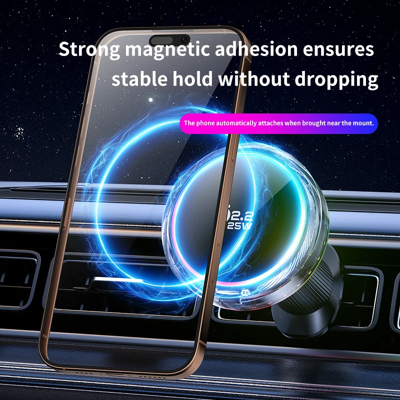 Air Cooling Car qi2.2 25W Magnetic Wireless Charger RGB Light Phone Holder For Magsafe iPhone 17 16 Pro Max Fast Charging Mount